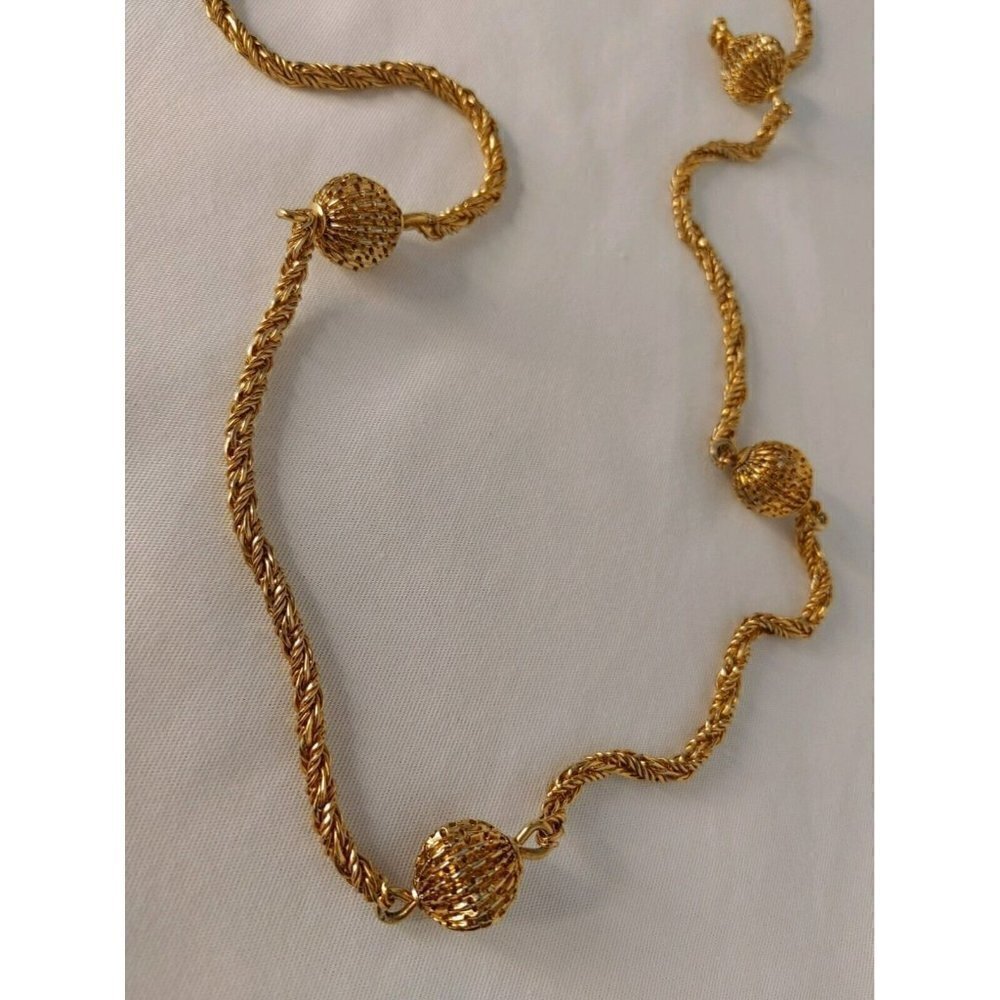 Gold Tone Rope Necklace Twisted Chain with Gold Tone Ball Spheres - Picture 7 of 10